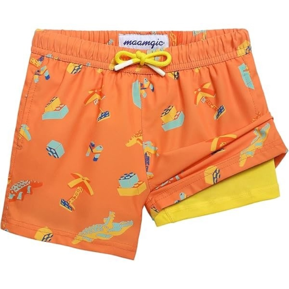 Maamgic Boys Orange Building Block Tropical 2-in-1 Swim Trunks Size 5/6
